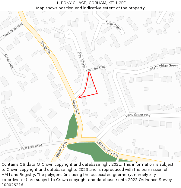 1, PONY CHASE, COBHAM, KT11 2PF: Location map and indicative extent of plot