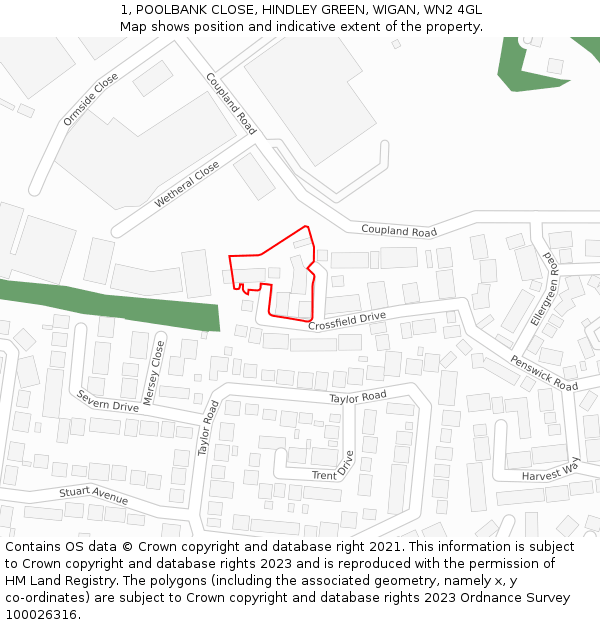 1, POOLBANK CLOSE, HINDLEY GREEN, WIGAN, WN2 4GL: Location map and indicative extent of plot