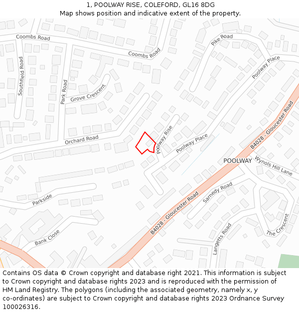 1, POOLWAY RISE, COLEFORD, GL16 8DG: Location map and indicative extent of plot