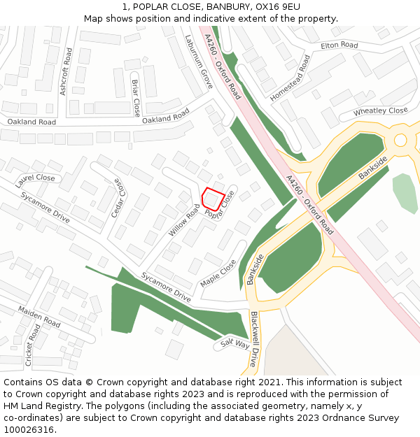 1, POPLAR CLOSE, BANBURY, OX16 9EU: Location map and indicative extent of plot