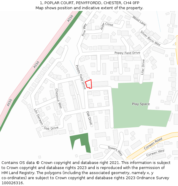 1, POPLAR COURT, PENYFFORDD, CHESTER, CH4 0FP: Location map and indicative extent of plot