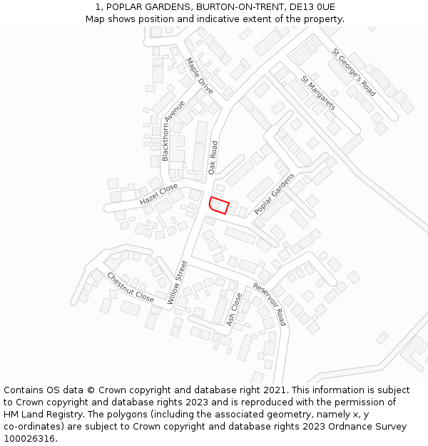 1, POPLAR GARDENS, BURTON-ON-TRENT, DE13 0UE: Location map and indicative extent of plot