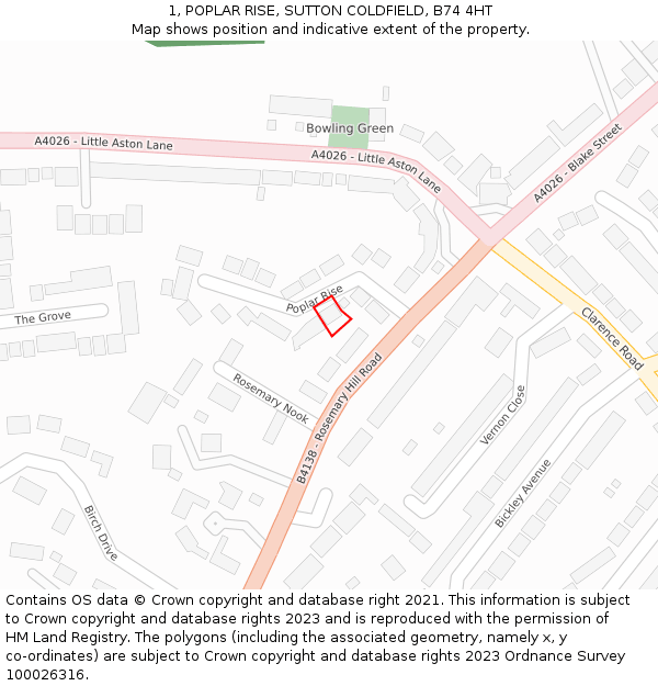 1, POPLAR RISE, SUTTON COLDFIELD, B74 4HT: Location map and indicative extent of plot