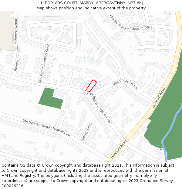 1, POPLARS COURT, MARDY, ABERGAVENNY, NP7 6NJ: Location map and indicative extent of plot