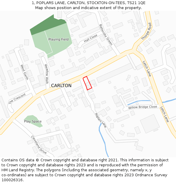 1, POPLARS LANE, CARLTON, STOCKTON-ON-TEES, TS21 1QE: Location map and indicative extent of plot