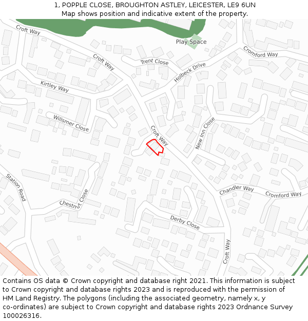 1, POPPLE CLOSE, BROUGHTON ASTLEY, LEICESTER, LE9 6UN: Location map and indicative extent of plot