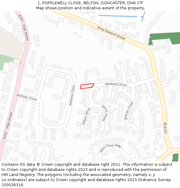 1, POPPLEWELL CLOSE, BELTON, DONCASTER, DN9 1TF: Location map and indicative extent of plot