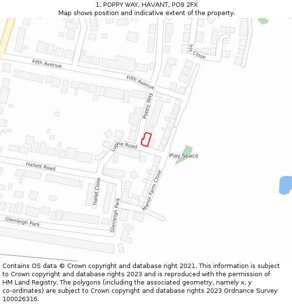 1, POPPY WAY, HAVANT, PO9 2FX: Location map and indicative extent of plot