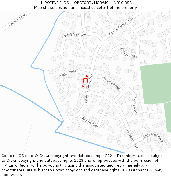 1, POPPYFIELDS, HORSFORD, NORWICH, NR10 3SR: Location map and indicative extent of plot