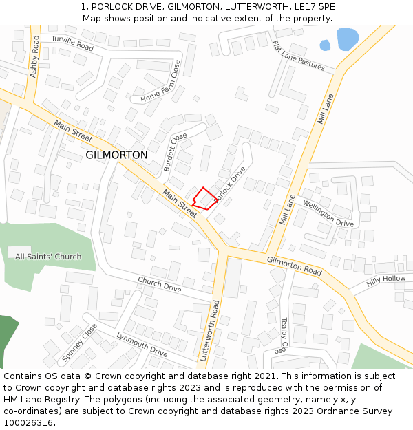 1, PORLOCK DRIVE, GILMORTON, LUTTERWORTH, LE17 5PE: Location map and indicative extent of plot