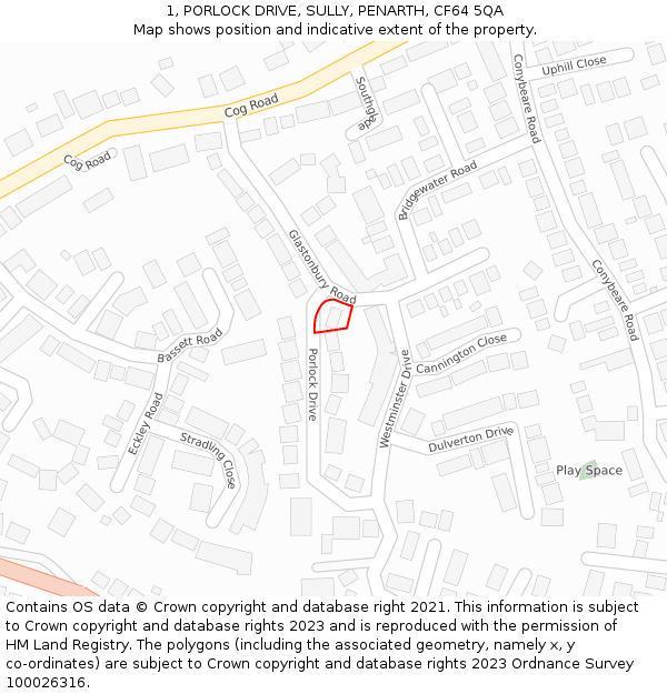 1, PORLOCK DRIVE, SULLY, PENARTH, CF64 5QA: Location map and indicative extent of plot