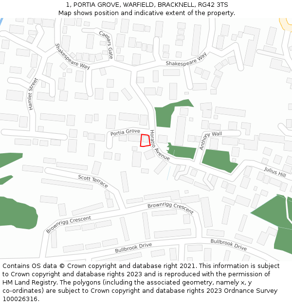 1, PORTIA GROVE, WARFIELD, BRACKNELL, RG42 3TS: Location map and indicative extent of plot