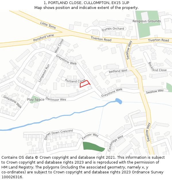 1, PORTLAND CLOSE, CULLOMPTON, EX15 1UP: Location map and indicative extent of plot