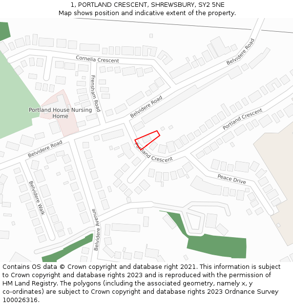 1, PORTLAND CRESCENT, SHREWSBURY, SY2 5NE: Location map and indicative extent of plot