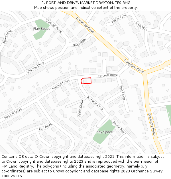 1, PORTLAND DRIVE, MARKET DRAYTON, TF9 3HG: Location map and indicative extent of plot
