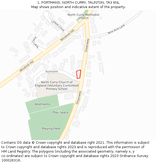 1, PORTMANS, NORTH CURRY, TAUNTON, TA3 6NL: Location map and indicative extent of plot