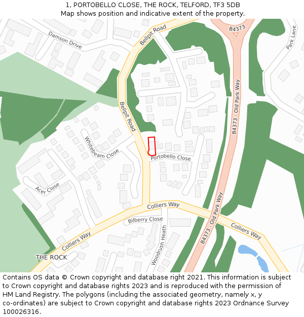 1, PORTOBELLO CLOSE, THE ROCK, TELFORD, TF3 5DB: Location map and indicative extent of plot