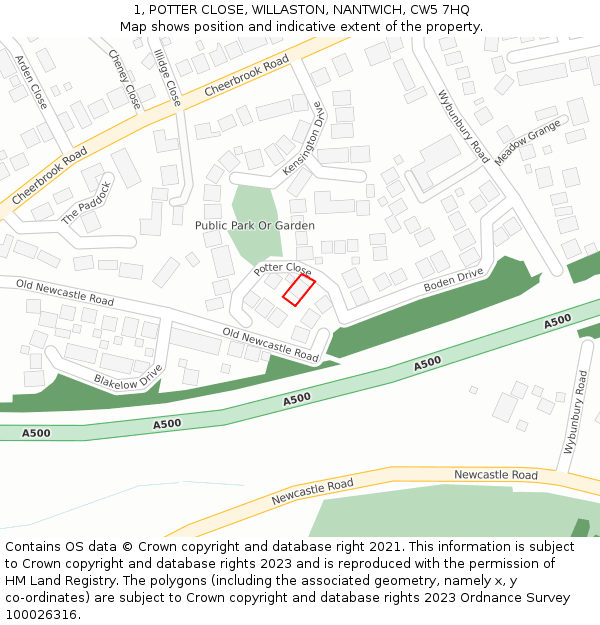1, POTTER CLOSE, WILLASTON, NANTWICH, CW5 7HQ: Location map and indicative extent of plot