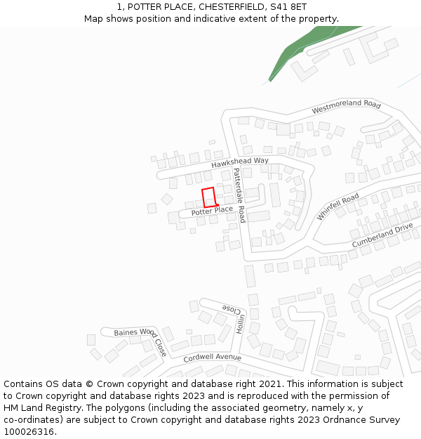 1, POTTER PLACE, CHESTERFIELD, S41 8ET: Location map and indicative extent of plot
