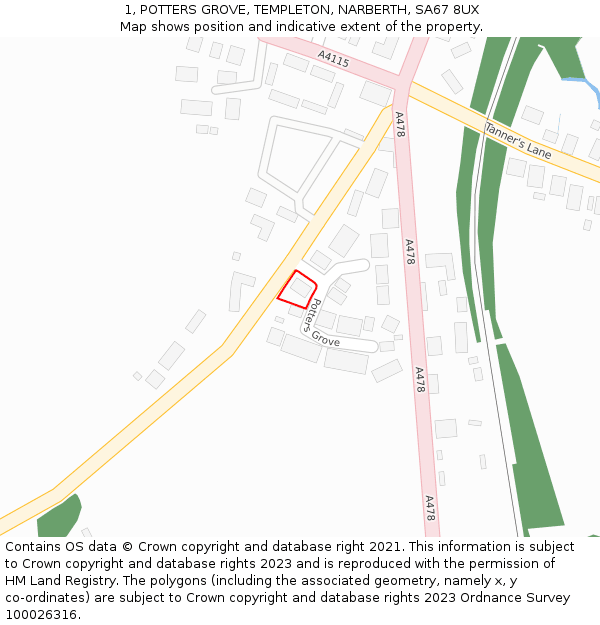 1, POTTERS GROVE, TEMPLETON, NARBERTH, SA67 8UX: Location map and indicative extent of plot