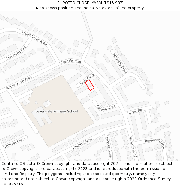 1, POTTO CLOSE, YARM, TS15 9RZ: Location map and indicative extent of plot