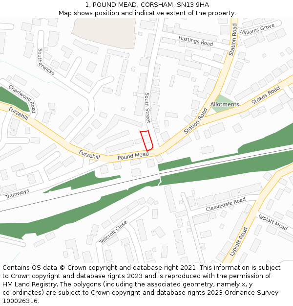 1, POUND MEAD, CORSHAM, SN13 9HA: Location map and indicative extent of plot