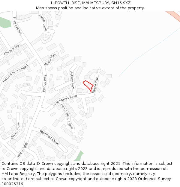 1, POWELL RISE, MALMESBURY, SN16 9XZ: Location map and indicative extent of plot