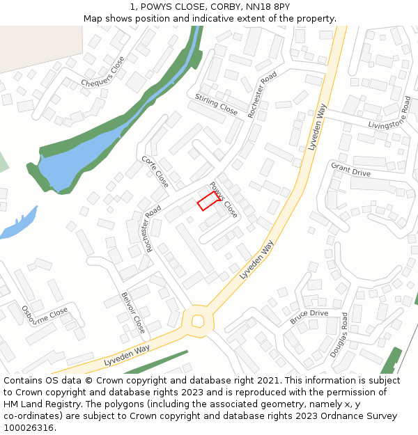 1, POWYS CLOSE, CORBY, NN18 8PY: Location map and indicative extent of plot