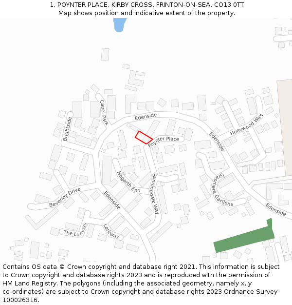 1, POYNTER PLACE, KIRBY CROSS, FRINTON-ON-SEA, CO13 0TT: Location map and indicative extent of plot