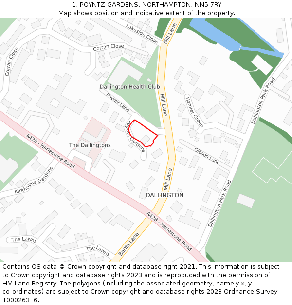 1, POYNTZ GARDENS, NORTHAMPTON, NN5 7RY: Location map and indicative extent of plot