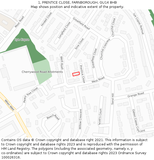 1, PRENTICE CLOSE, FARNBOROUGH, GU14 8HB: Location map and indicative extent of plot