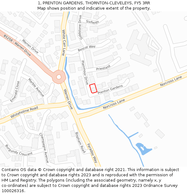 1, PRENTON GARDENS, THORNTON-CLEVELEYS, FY5 3RR: Location map and indicative extent of plot