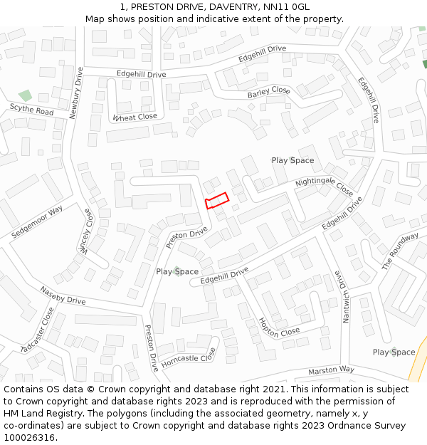 1, PRESTON DRIVE, DAVENTRY, NN11 0GL: Location map and indicative extent of plot