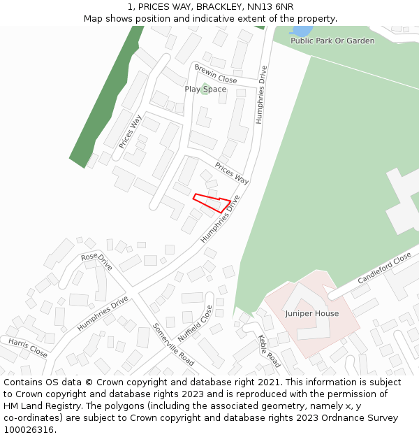 1, PRICES WAY, BRACKLEY, NN13 6NR: Location map and indicative extent of plot