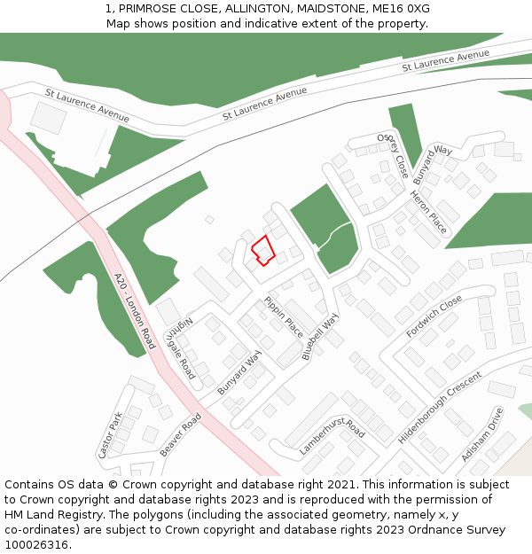 1, PRIMROSE CLOSE, ALLINGTON, MAIDSTONE, ME16 0XG: Location map and indicative extent of plot