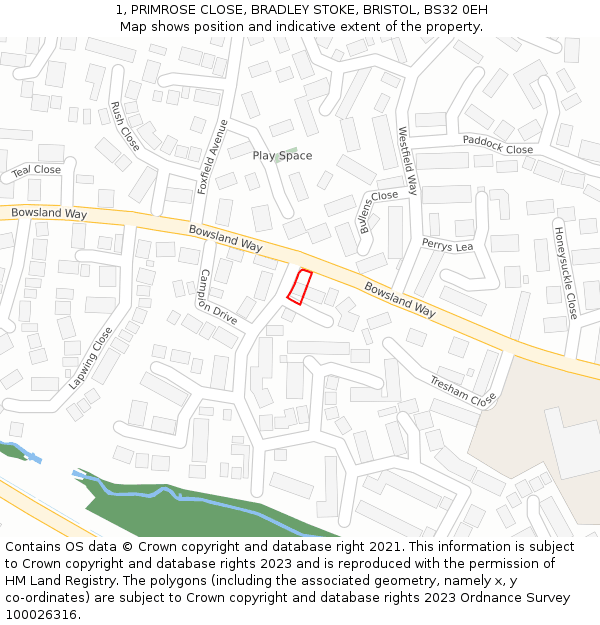 1, PRIMROSE CLOSE, BRADLEY STOKE, BRISTOL, BS32 0EH: Location map and indicative extent of plot