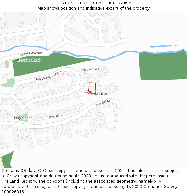 1, PRIMROSE CLOSE, CRANLEIGH, GU6 8GU: Location map and indicative extent of plot