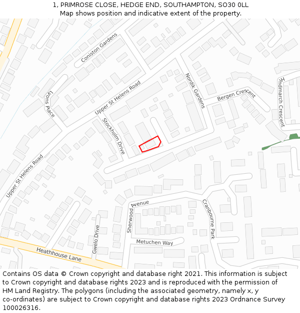 1, PRIMROSE CLOSE, HEDGE END, SOUTHAMPTON, SO30 0LL: Location map and indicative extent of plot