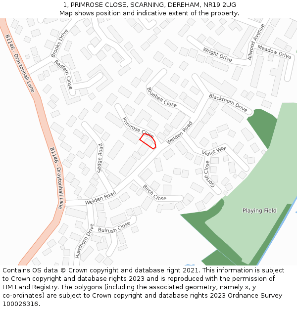 1, PRIMROSE CLOSE, SCARNING, DEREHAM, NR19 2UG: Location map and indicative extent of plot