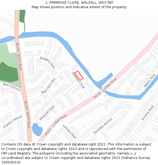 1, PRIMROSE CLOSE, WALSALL, WS3 5BT: Location map and indicative extent of plot