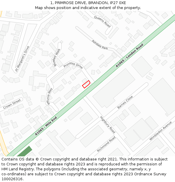 1, PRIMROSE DRIVE, BRANDON, IP27 0XE: Location map and indicative extent of plot