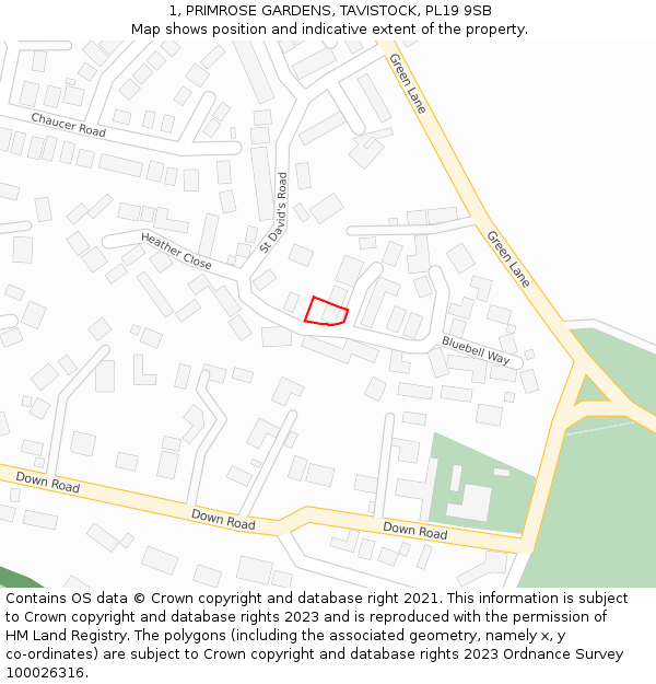 1, PRIMROSE GARDENS, TAVISTOCK, PL19 9SB: Location map and indicative extent of plot
