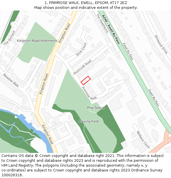 1, PRIMROSE WALK, EWELL, EPSOM, KT17 2EZ: Location map and indicative extent of plot