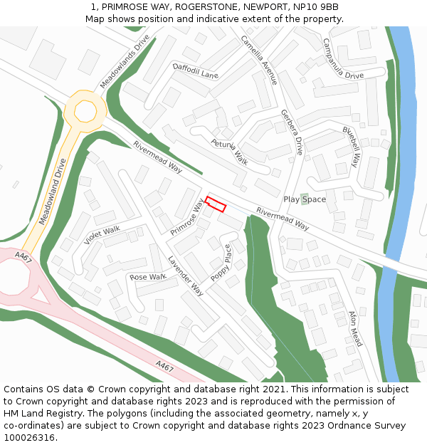 1, PRIMROSE WAY, ROGERSTONE, NEWPORT, NP10 9BB: Location map and indicative extent of plot