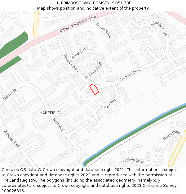 1, PRIMROSE WAY, ROMSEY, SO51 7RF: Location map and indicative extent of plot