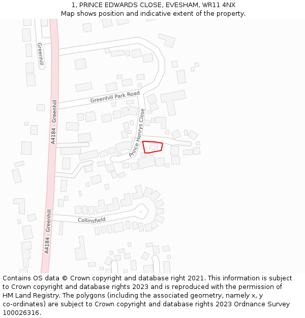 1, PRINCE EDWARDS CLOSE, EVESHAM, WR11 4NX: Location map and indicative extent of plot