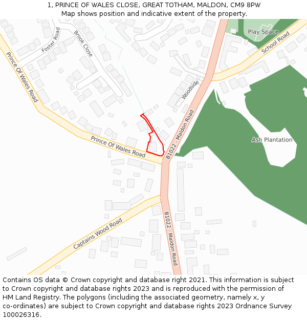 1, PRINCE OF WALES CLOSE, GREAT TOTHAM, MALDON, CM9 8PW: Location map and indicative extent of plot