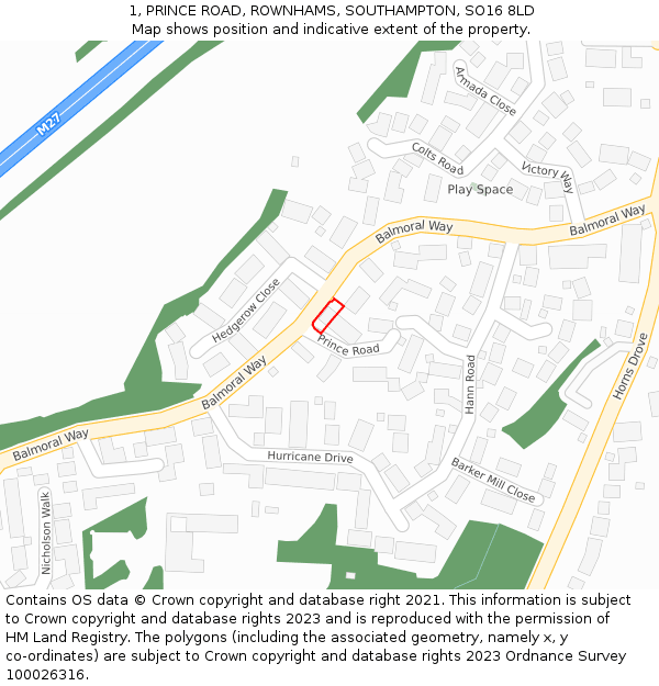 1, PRINCE ROAD, ROWNHAMS, SOUTHAMPTON, SO16 8LD: Location map and indicative extent of plot