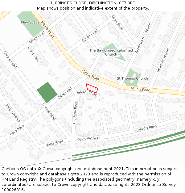 1, PRINCES CLOSE, BIRCHINGTON, CT7 9PD: Location map and indicative extent of plot