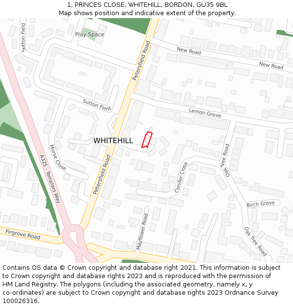 1, PRINCES CLOSE, WHITEHILL, BORDON, GU35 9BL: Location map and indicative extent of plot